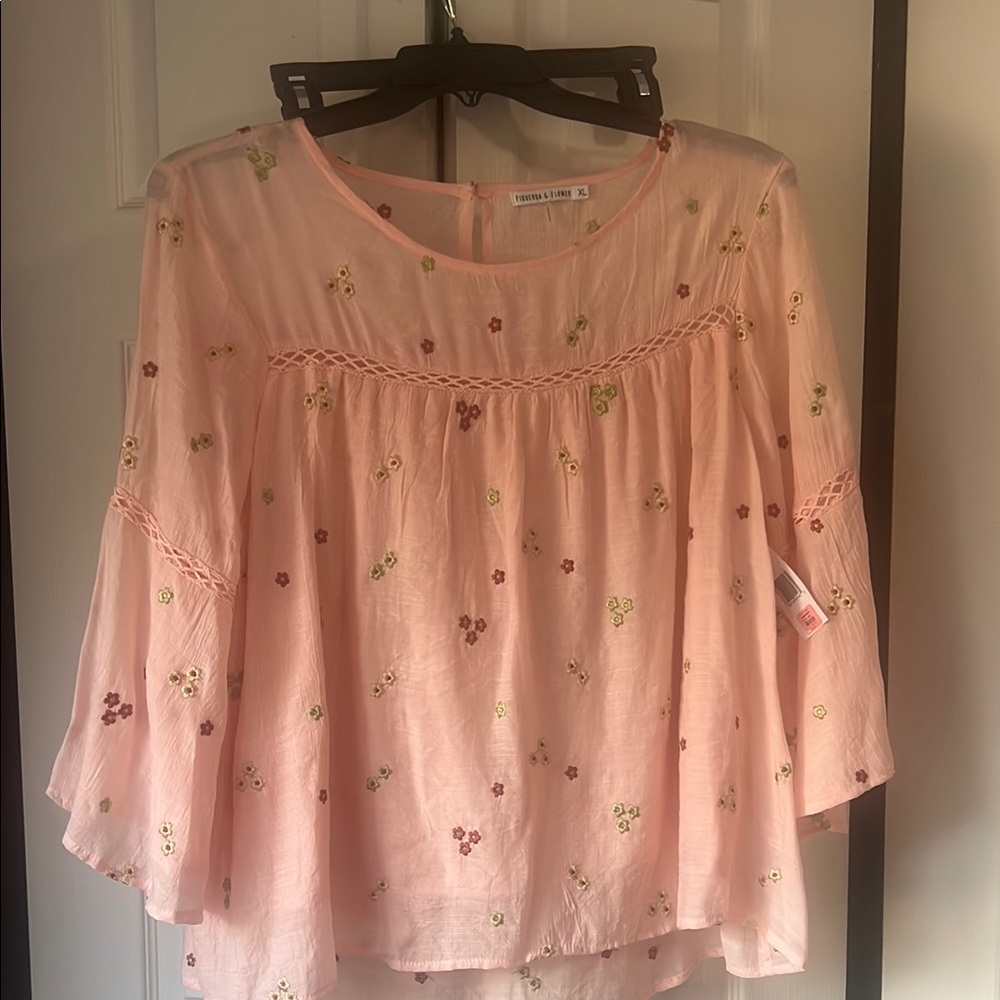 Figuerda & Flower Floral Boho Embroidered Pink Blouse NWT